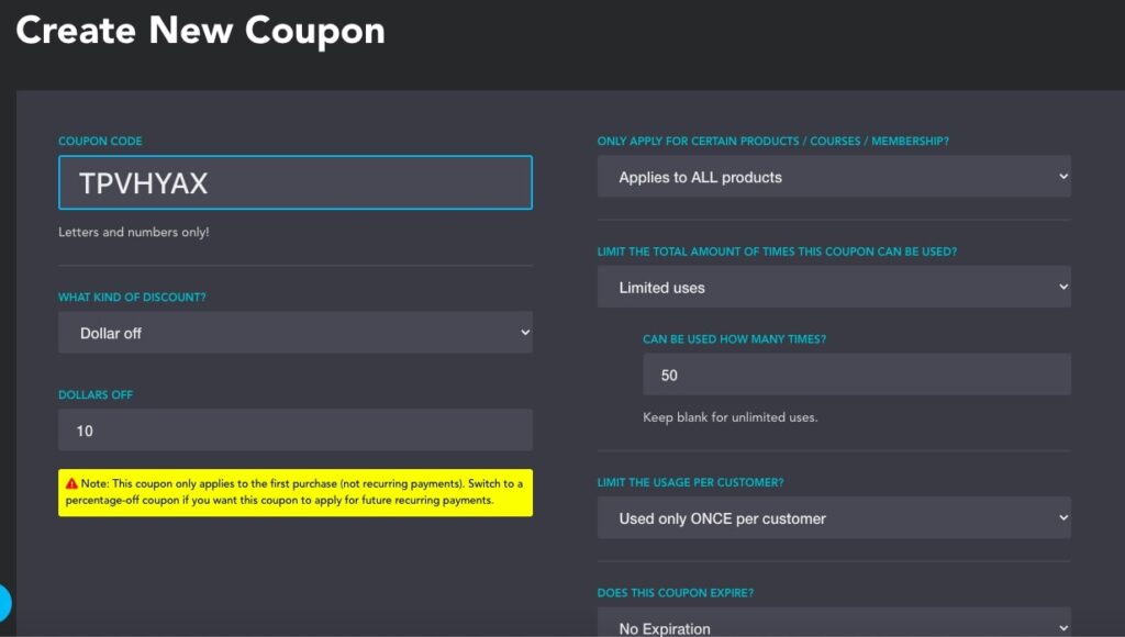 Create NEw coupon